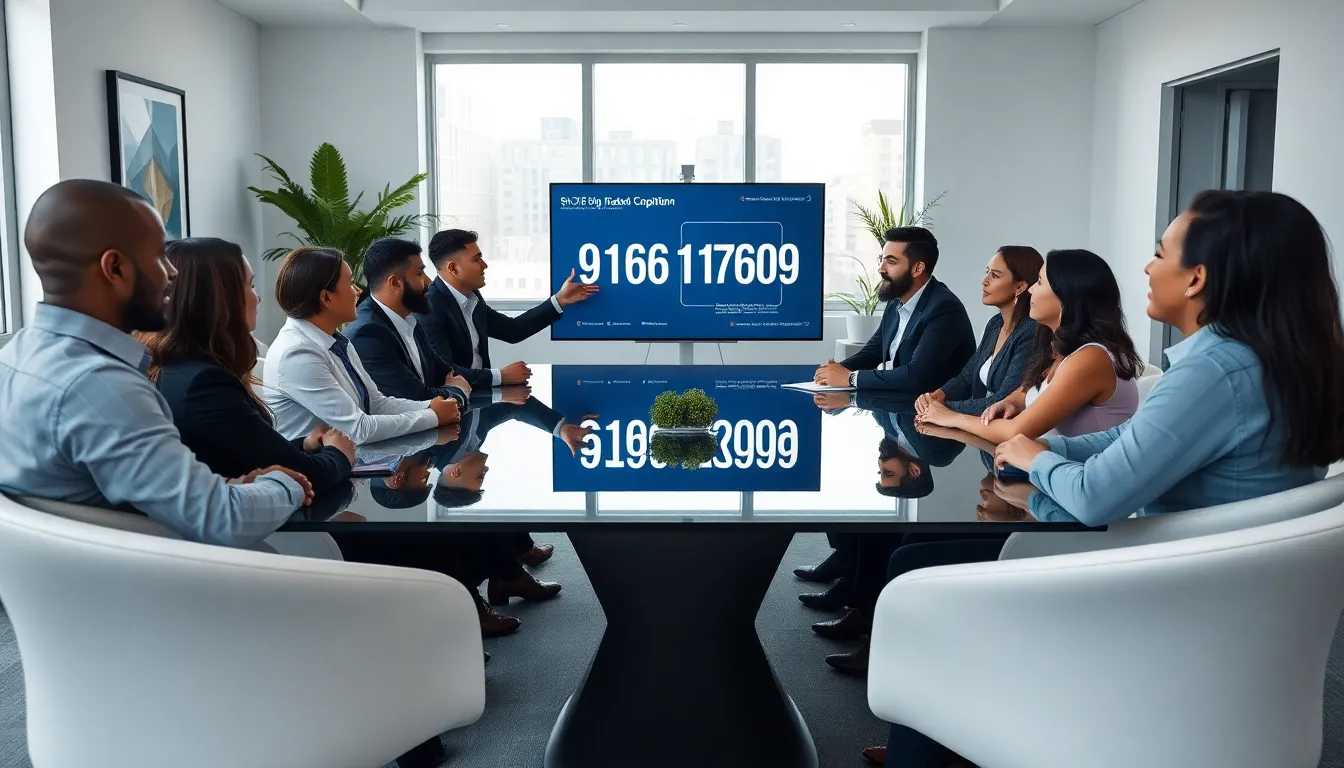 diverse professionals discussing in a modern conference room with 919611609 displayed.